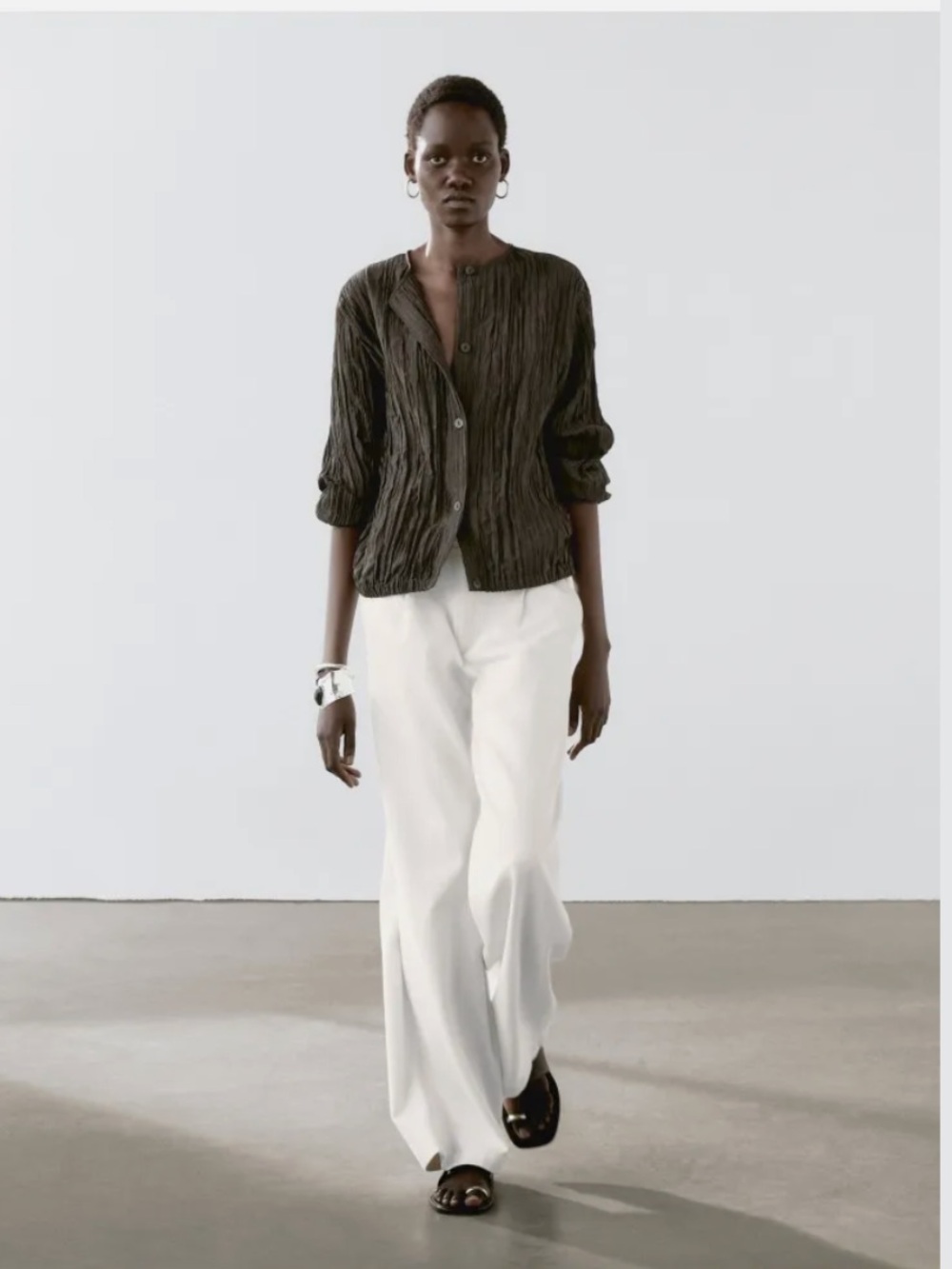 Massimo Dutti Relaxed Tailored Ivory Cotton Linen Wide Leg Pleated Trousers